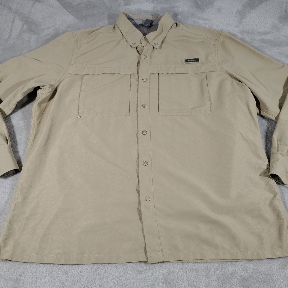 Eddie Bauer Fishing‎ Shirt Men 2XL Tan Vented Nautical Outdoor Boating Beach